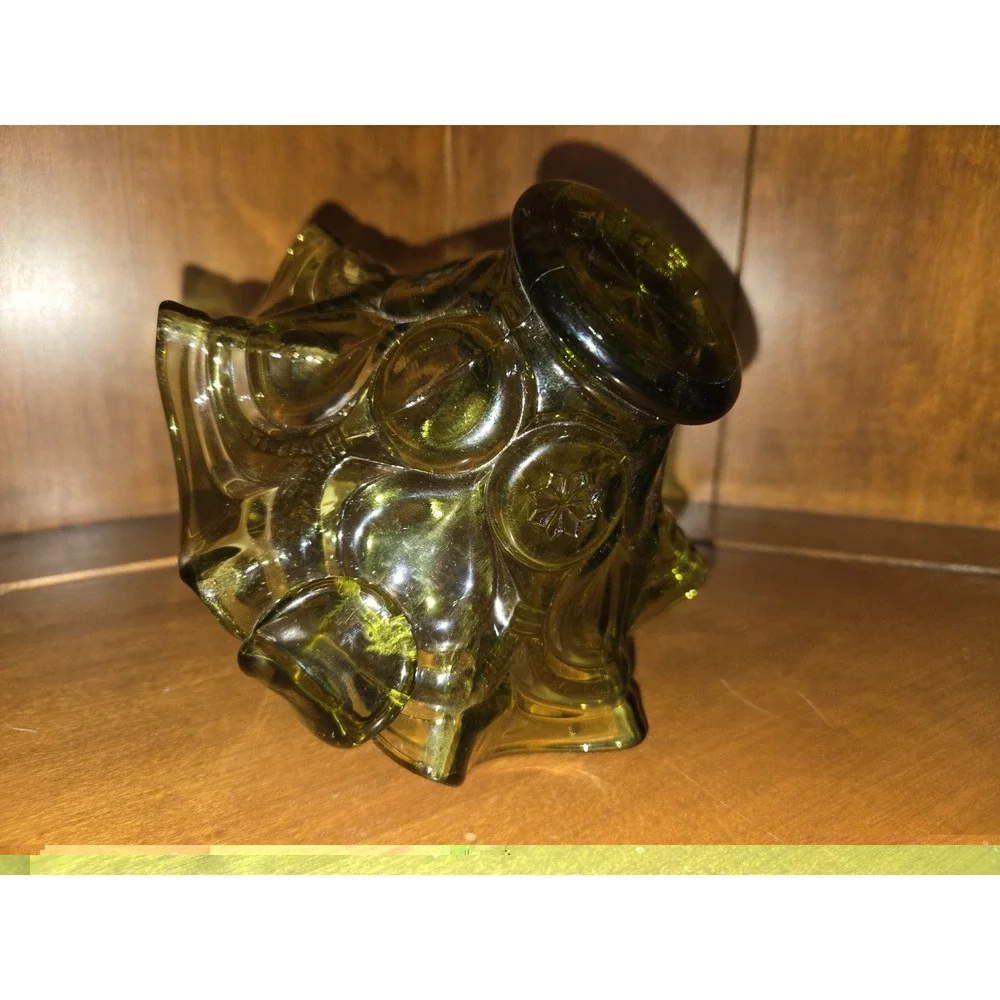 Vintage Olive Green Glass Basket Handle Glass Ruffle Rim Vintage
